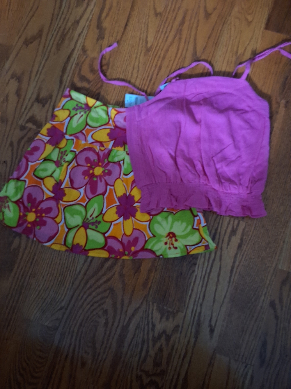 Bright Pink Crop Top with Floral Mini Skirt Set 6x/7